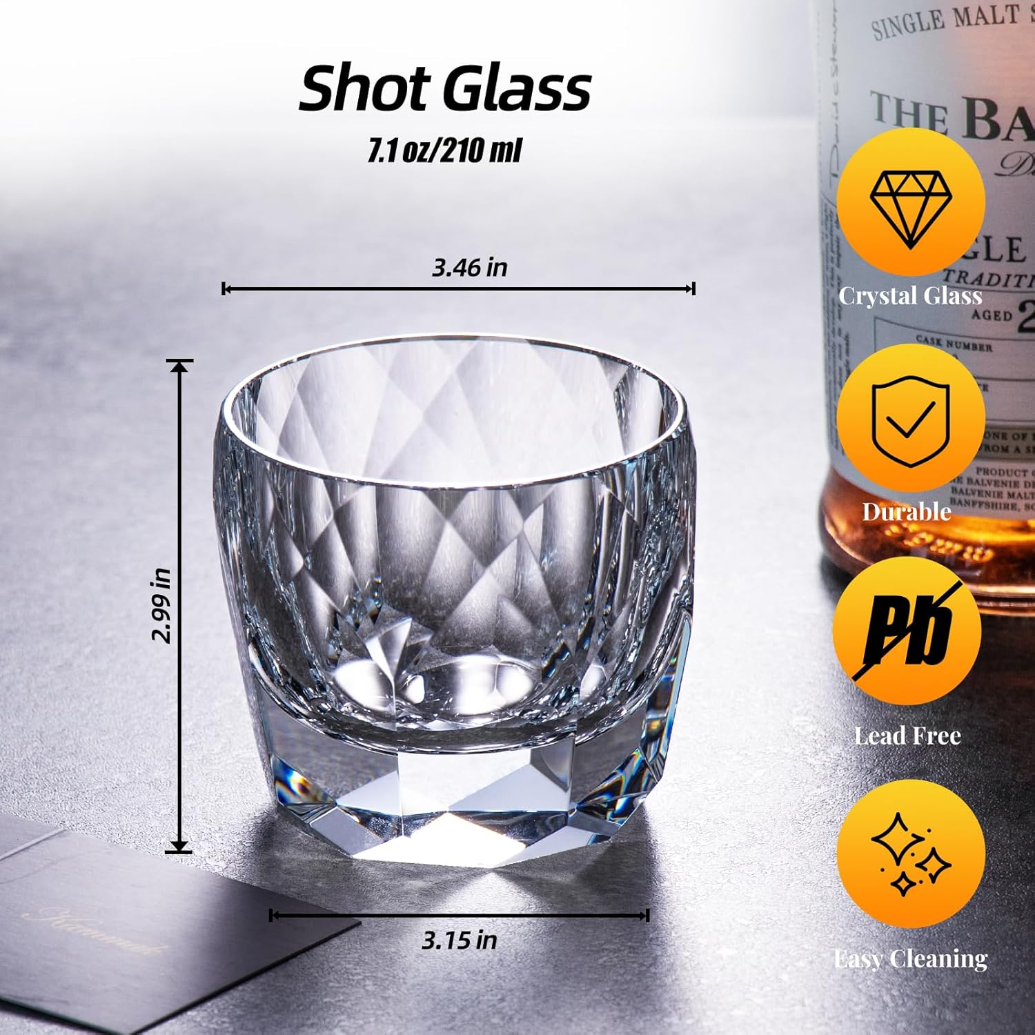 KAMMAK Crystal Whiskey Glasses Set of 2, 7.1oz Old Fashioned Glasses Stemless, Hand Blown White Cocktail Glasses, Luxury Handcrafted Cut Ice Ball Cup for Women, Perfect Men Gift for Bourbon
