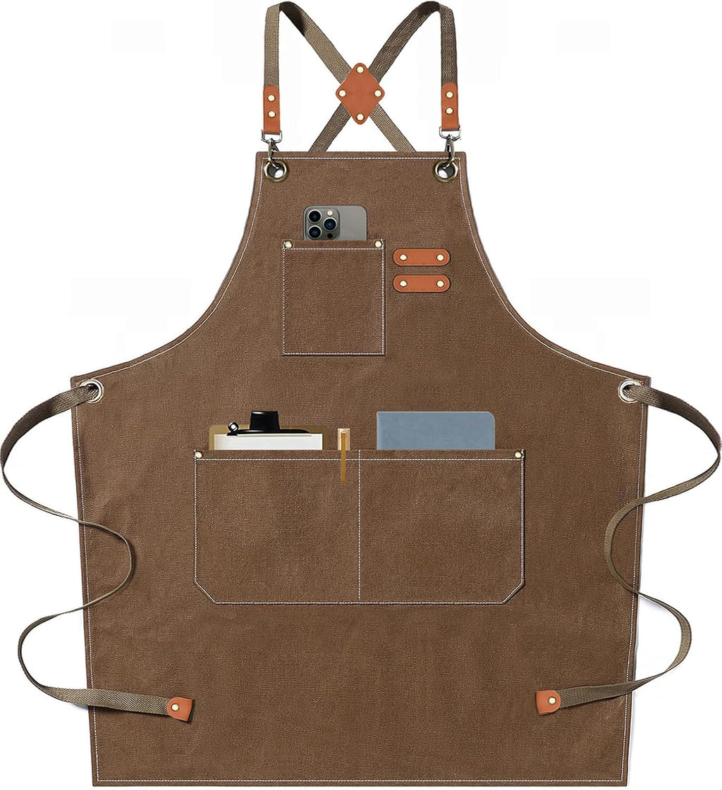 AFUN Chef Aprons for Men Women with Large Pockets, Cotton Canvas Cross Back Heavy Duty Adjustable Work Apron, Size M to XXL (Brown)
