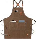 AFUN Chef Aprons for Men Women with Large Pockets, Cotton Canvas Cross Back Heavy Duty Adjustable Work Apron, Size M to XXL (Brown)