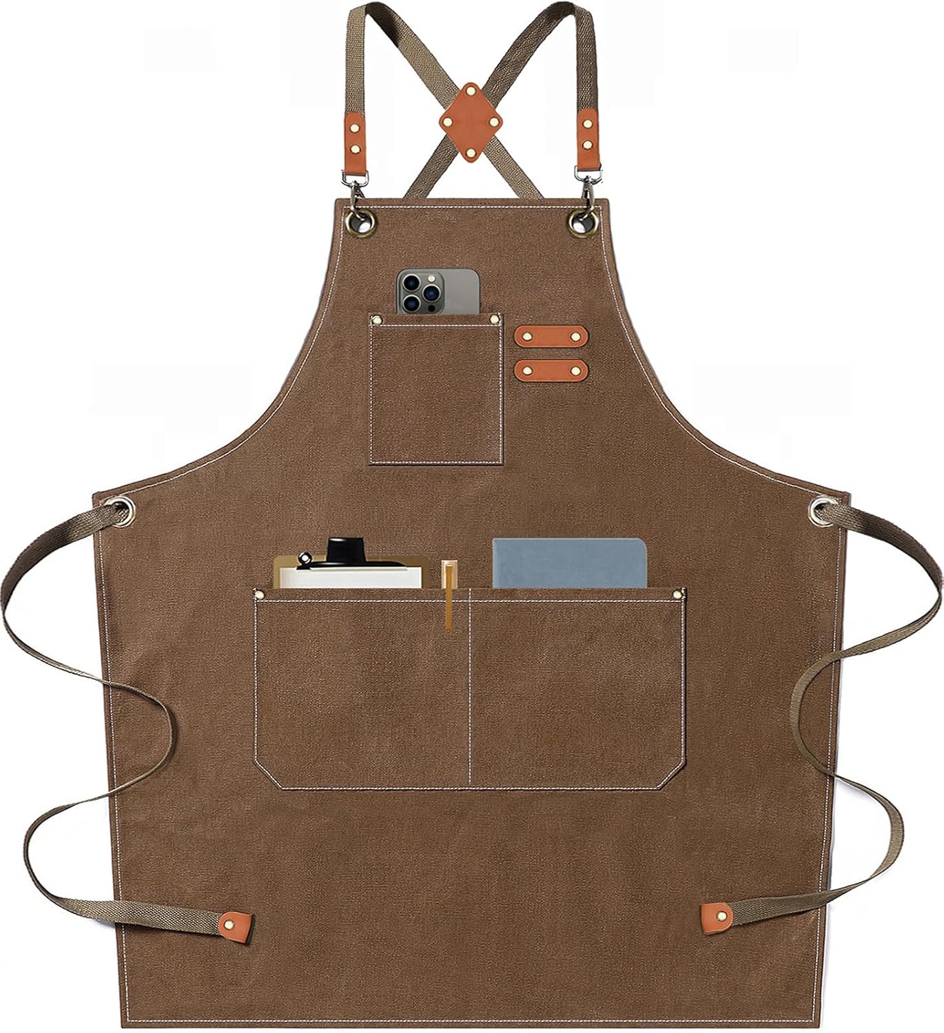 AFUN Chef Aprons for Men Women with Large Pockets, Cotton Canvas Cross Back Heavy Duty Adjustable Work Apron, Size M to XXL (Brown)