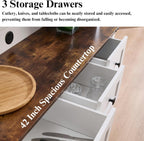 Coffee Bar Cabinet with Sliding Barn Doors 71'' Farmhouse White Pantry Cabinet with Drawers & Wine Glass Rack Rustic Buffet Cabinet for Kitchen, Brown