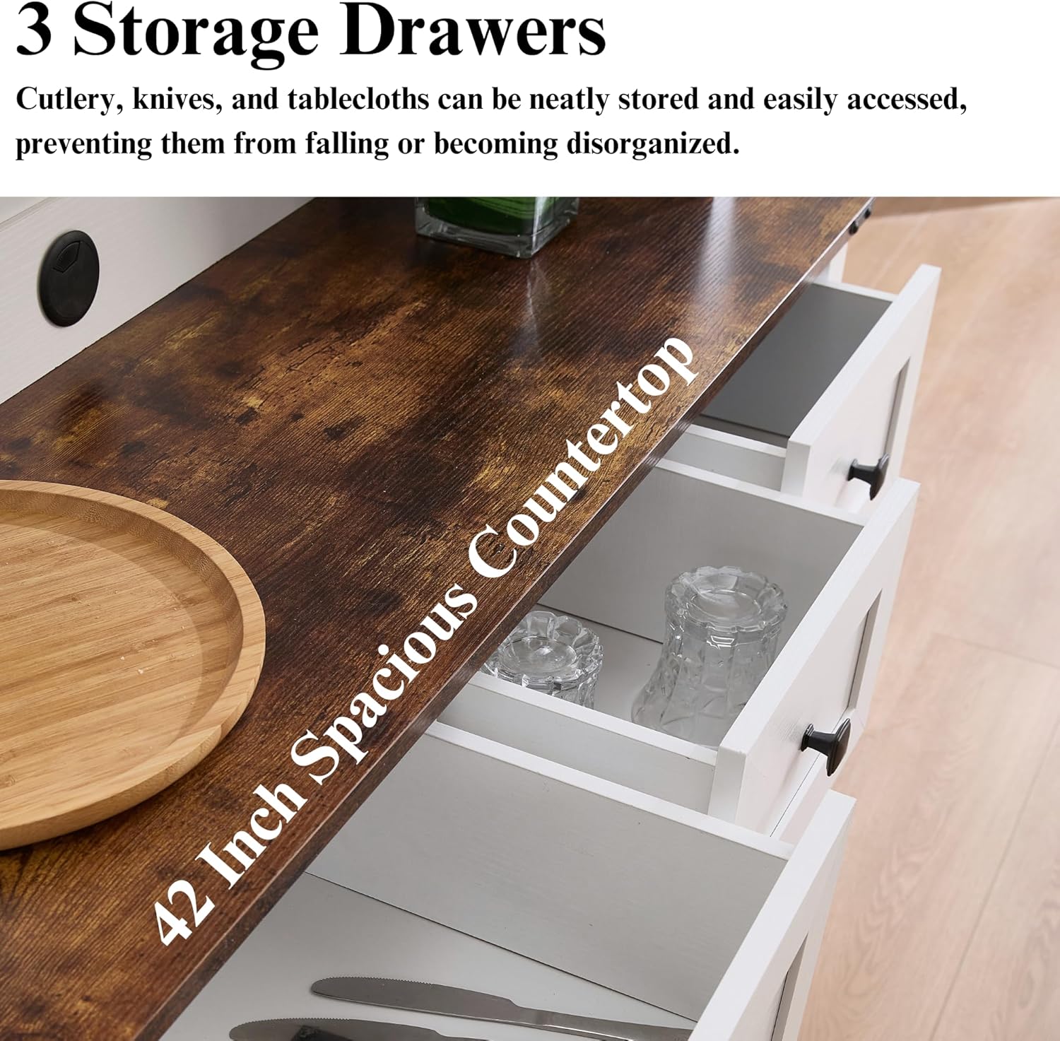 Coffee Bar Cabinet with Sliding Barn Doors 71'' Farmhouse White Pantry Cabinet with Drawers & Wine Glass Rack Rustic Buffet Cabinet for Kitchen, Brown