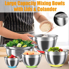 Mixing Bowls with Airtight Lids Set, 4 Stainless Steel Bowls Nesting Bowls & Colander, Kitchen Organizers and Storage Non-Slip Bottom, Size 1.5/2.0/2.5/4.5QT, Great for Mixing & Serving, Multicolor