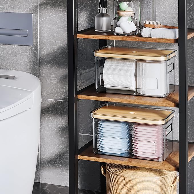 Acrylic Trash Bag Holder, Multi Purposes Clear Organizers and Storage with Bamboo Lid, Kitchen Paper Holder Stackable Toilet Tissue Storage