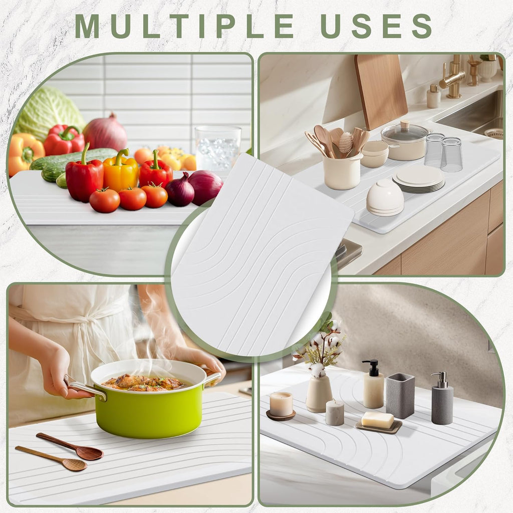 Large Stone Drying Mat for Kitchen Counter, 24" × 16" Diatomite Dish Drying Mat, Quick Dry Stone Mats, Ultra Absorbent Natural Diatomaceous Earth Mats for Dished, Bottles, White