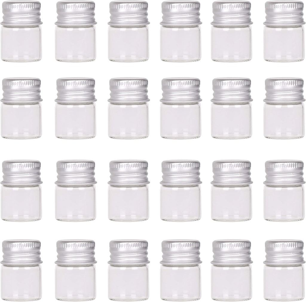 MaxMau Mini Glass Bottles with Screw Caps 5ml 24 Sets Aluminum Top Metal Lids 5 Milliliter Tiny Vials Small Jars DIY Storage Art Craft Decor