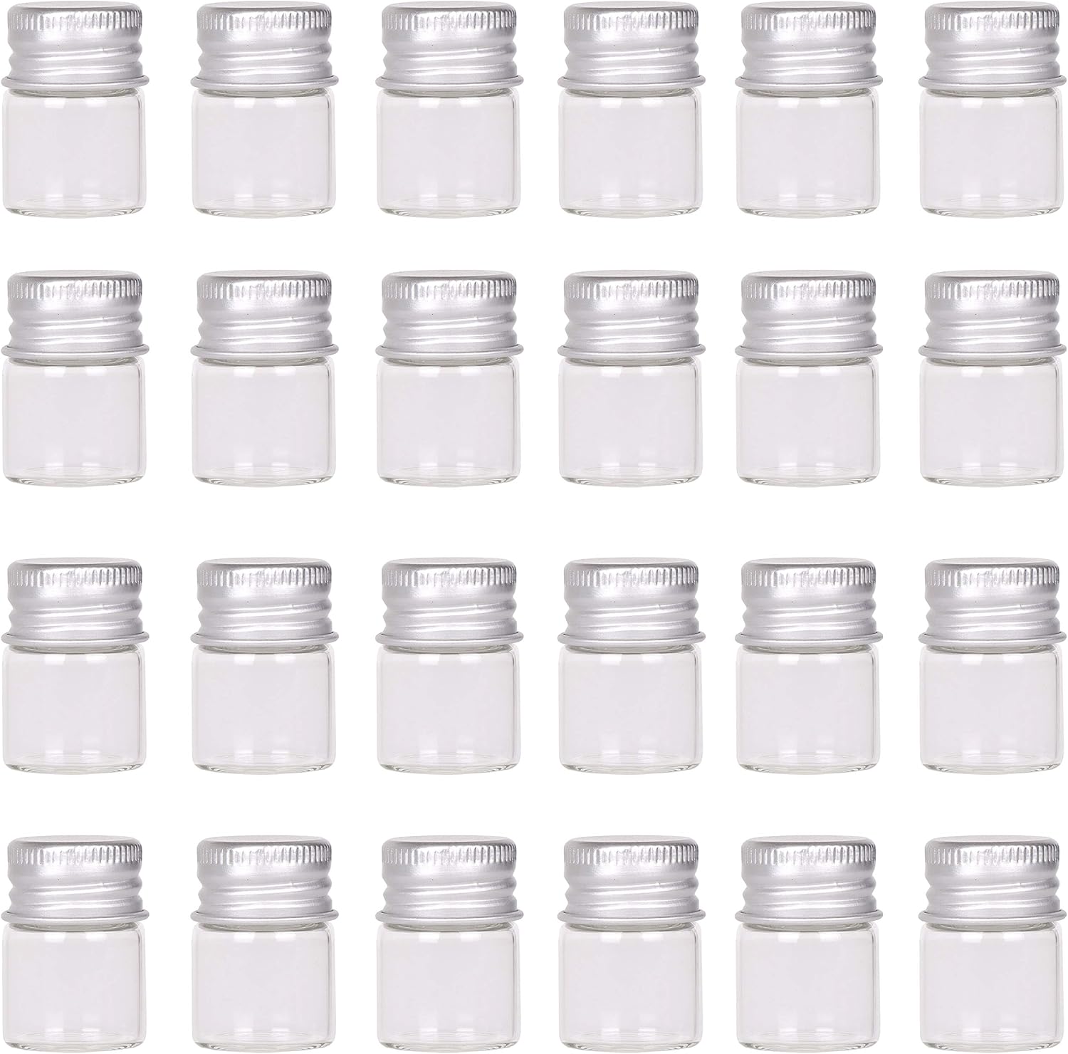 MaxMau Mini Glass Bottles with Screw Caps 5ml 24 Sets Aluminum Top Metal Lids 5 Milliliter Tiny Vials Small Jars DIY Storage Art Craft Decor