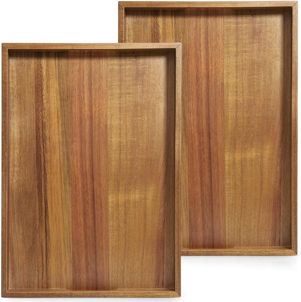 Set of 2 Acacia Wood Serving Tray with Handles, 17 Inch Large Wooden Tray for Ottoman, Breakfast in Bed, Coffee Table, Dinner, Perfect for Living Room Bedroom Entryway and Kitchen