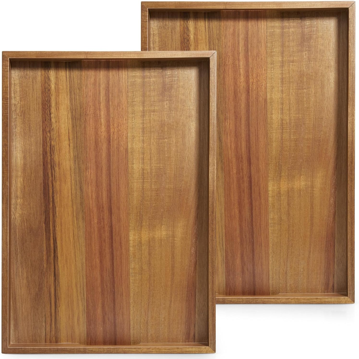 Set of 2 Acacia Wood Serving Tray with Handles, 17 Inch Large Wooden Tray for Ottoman, Breakfast in Bed, Coffee Table, Dinner, Perfect for Living Room Bedroom Entryway and Kitchen