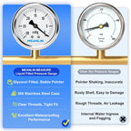 MEANLIN MEASURE -30inHG~0Psi Stainless Steel 1/4" NPT 2.5" FACE DIAL,Vacuum Liquid Filled Pressure Gauge,Single Scale, WOG Water Oil Air, Back Mount, with 1/2" NPT and 3/8" NPT Hex Bushing