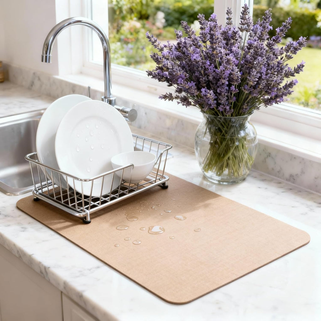 Dish Drying Mat Super Absorbent – 16" x 18" Coffee Mat for Countertops – Non-Slip Drying Mat for Kitchen Counter – Easy to Clean Water Absorbent Mat – Large Dish Drying Mats (Chowning's Tan)