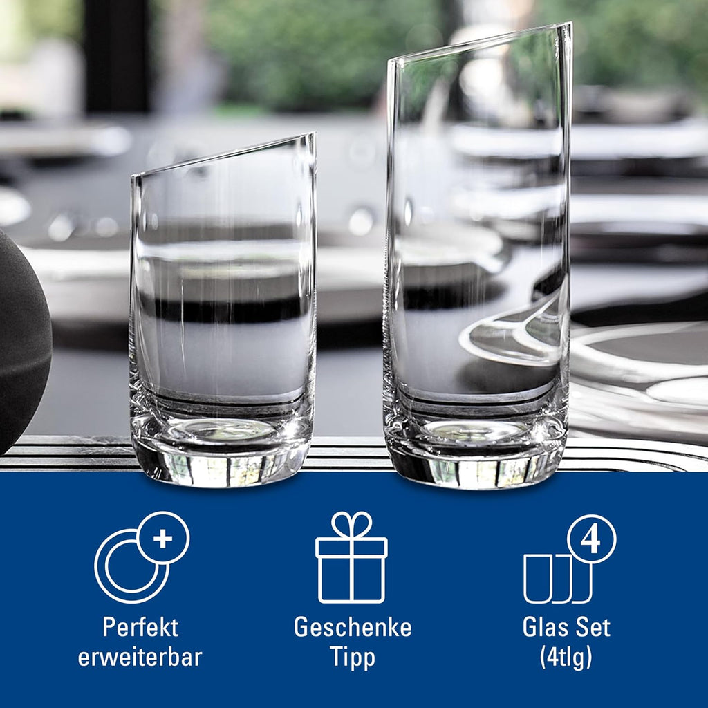 Villeroy & Boch New Moon Set, 4 Pieces, Elegant, Modern Sloping Long Drink, Crystal Glass, Transparent, Dishwasher Safe