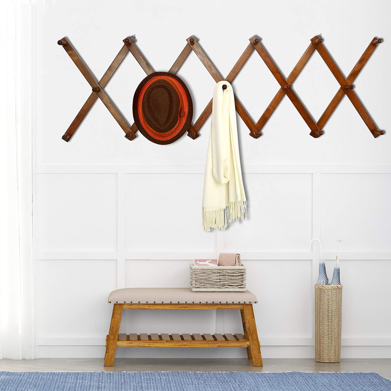 Dseap Accordian Wall Hanger: 16” High Wooden Wall Expandable Coat Rack, Hat Rack Holder, Accordion Hook for Baseball Caps, Coats, Mugs, 17 Peg Hooks, Brown