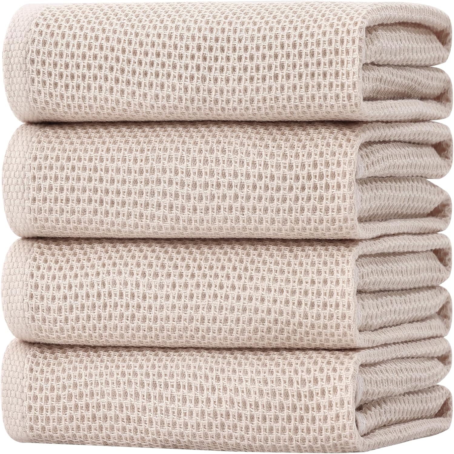 Homaxy 100% Cotton Oversized Waffle Weave Kitchen Dish Towels, Ultra Soft Absorbent Quick Drying Cleaning Towel, 20 x 28 Inches, 4-Pack, Beige