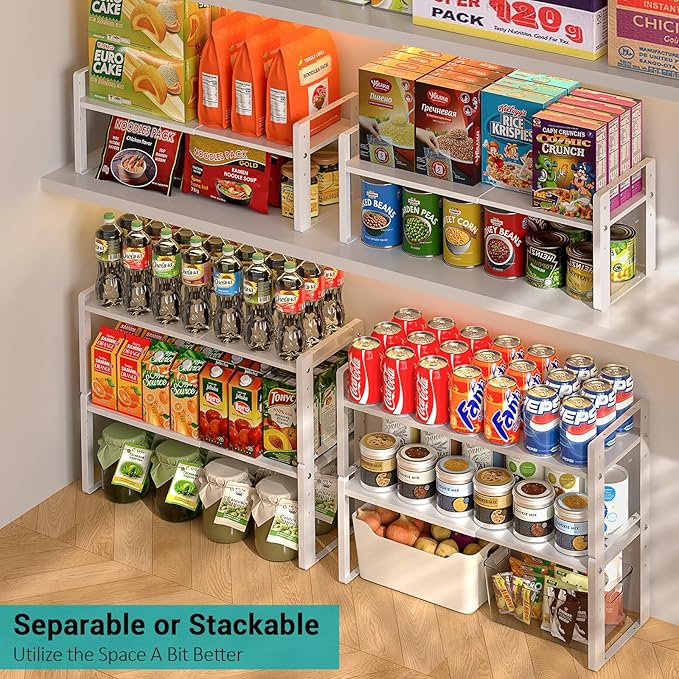 2 Pack Expandable Cabinet Organizer Shelves, 88lbs High Weight Capacity, Stackable Heavy-Duty Metal Storage Rack, Adjustable Cabinet Shelf for Kitchen, Pantry, Cupboard, Under Sink, White