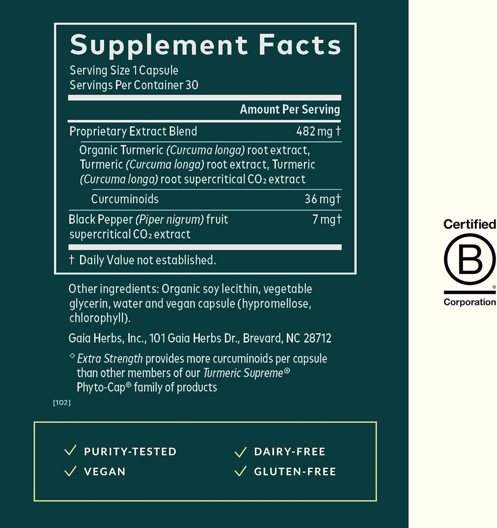 Gaia Herbs Turmeric Supreme Extra Strength - Supports Occasional Swelling from Normal Wear & Tear - with Turmeric Curcumin & Black Pepper - 30 Vegan Liquid Phyto-Capsules (Up to 30-Day Supply)