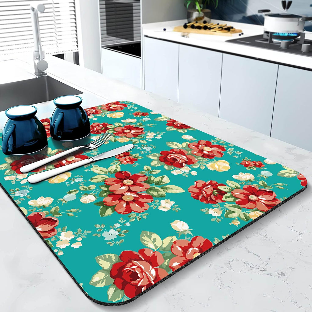 Rubber Dish Drying Mat for Kitchen Counter Large Boho Flowers Washable Quick Home Coffee Pad Fit Under Sink,Bar,Utensils 18x24in