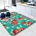 Rubber Dish Drying Mat for Kitchen Counter Large Boho Flowers Washable Quick Home Coffee Pad Fit Under Sink,Bar,Utensils 18x24in
