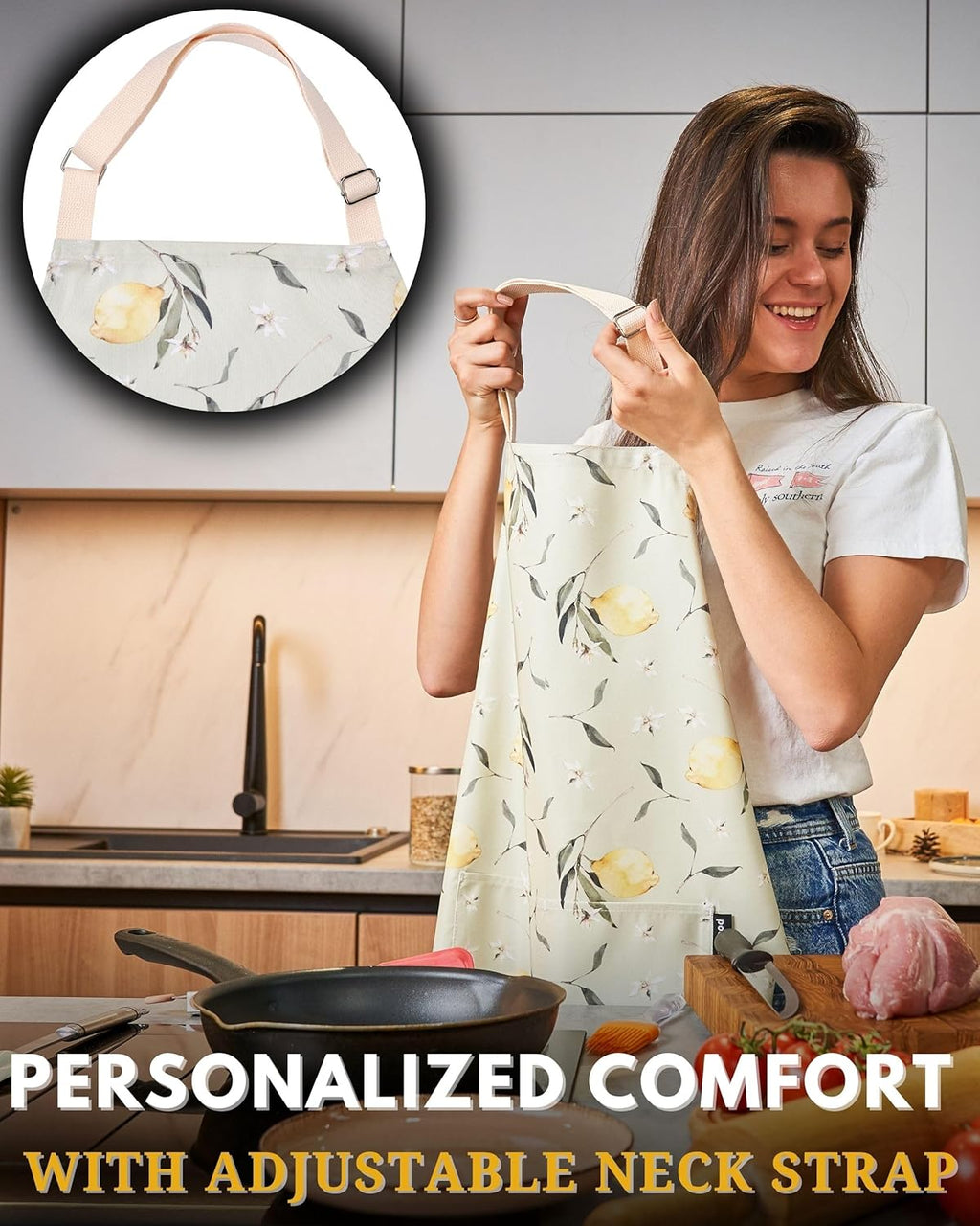 Premium Adjustable Cooking Aprons for Women with Pockets| Poly-Cotton Waterproof Kitchen Apron| Cute Floral Design, Long Ties