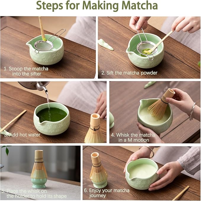 Matcha Whisk Set, Ceramic Matcha Kit Set Includes Matcha Bowl, Matcha Whisk and Holder, Bamboo Scoop, Scoop Rest, Sifter and Tea Towel - 7 Pcs Matcha Kit for Matcha Lovers (Green)