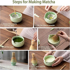 Matcha Whisk Set, Ceramic Matcha Kit Set Includes Matcha Bowl, Matcha Whisk and Holder, Bamboo Scoop, Scoop Rest, Sifter and Tea Towel - 7 Pcs Matcha Kit for Matcha Lovers (Green)