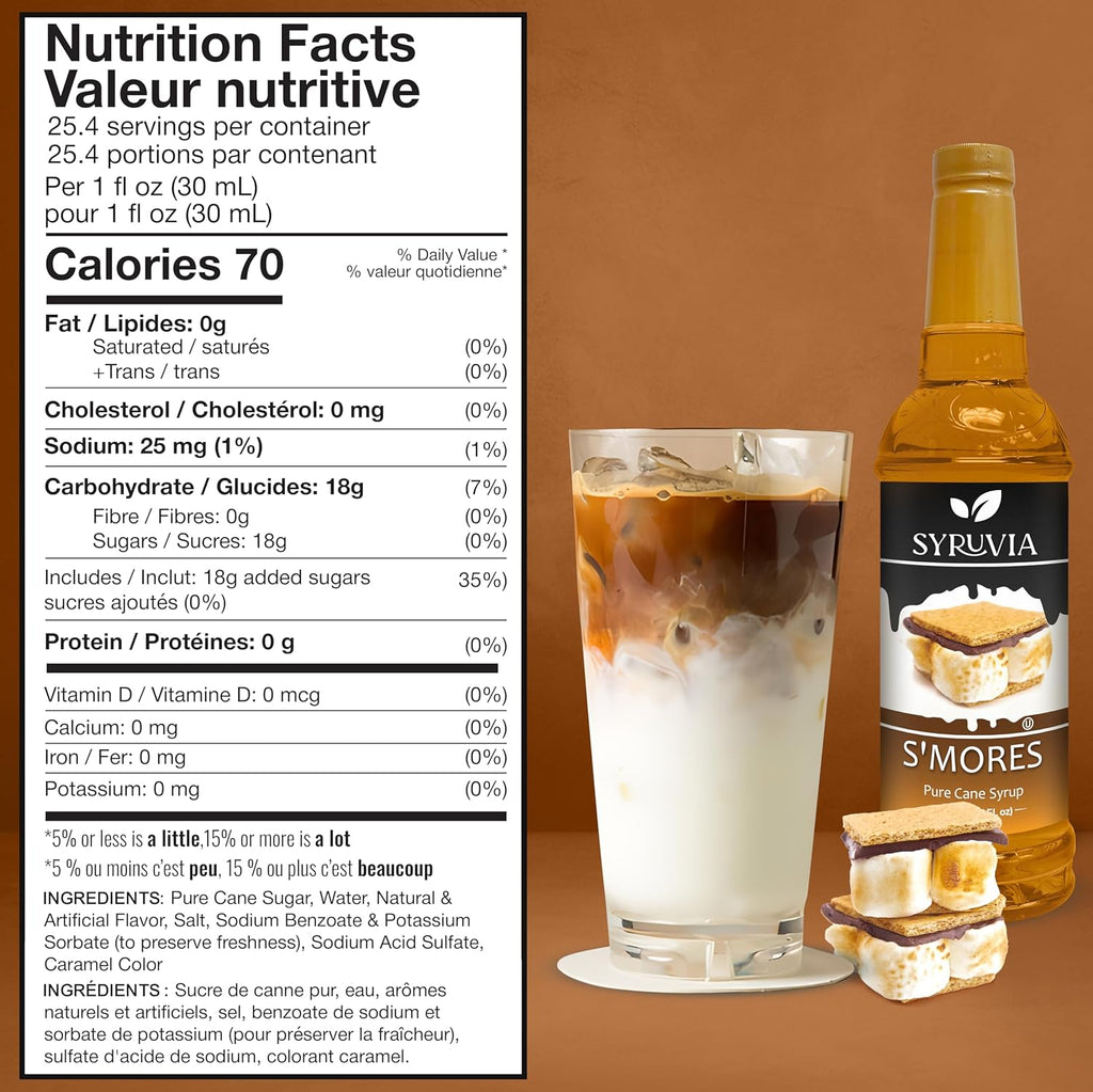 Syruvia Chocolate Chip Cookie Dough & S’mores Coffee Syrup - 25.4 fl oz Premium Coffee Flavoring Syrup. Kosher and Gluten-Free. Perfect for Drinks, Sodas, Shakes, Desserts, & More.