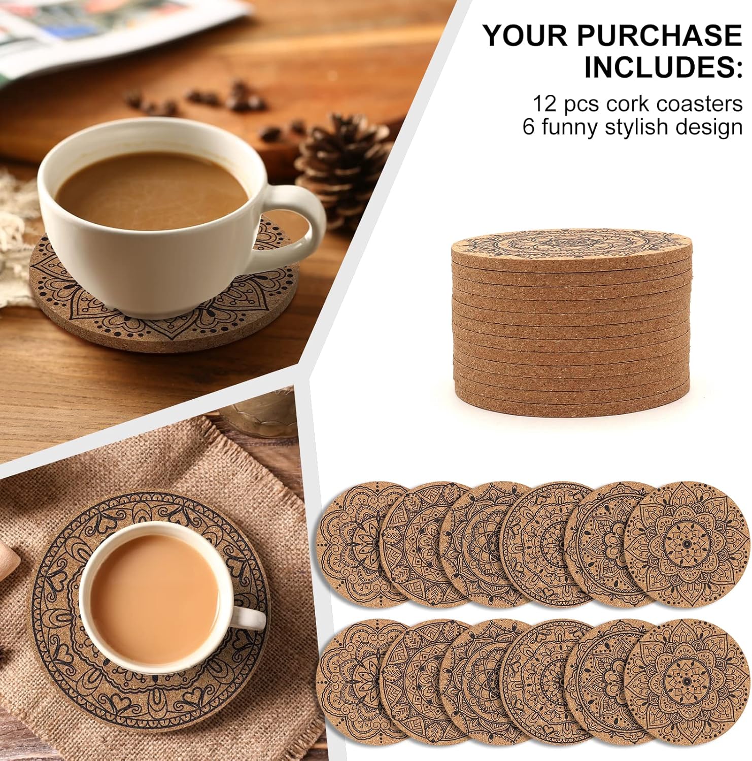 Coasters for Drinks 12 pcs Absorbent Cork Coasters with Flower Pattern Housewarming Gifts for New Home Present for Friends, Living Room Decor, Apartment Decor