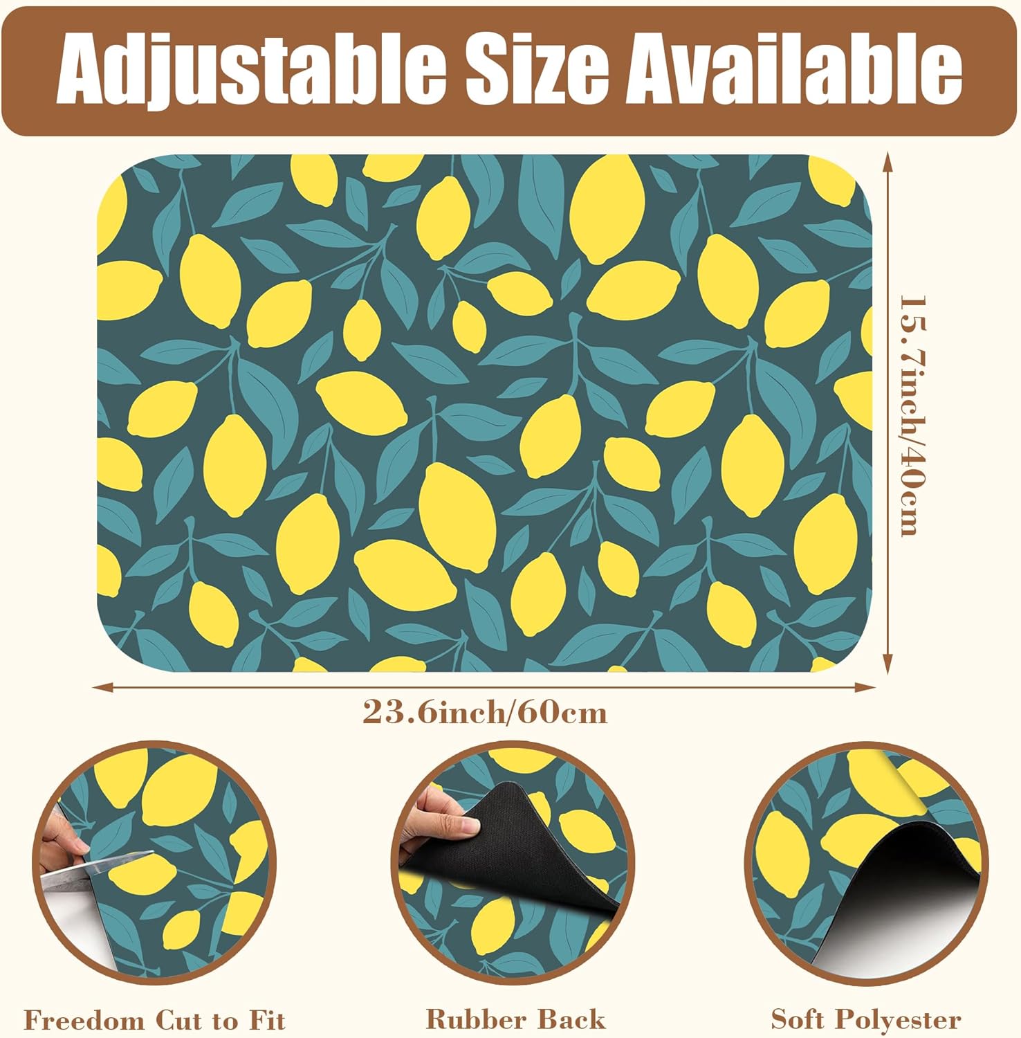 Yellow Lemon and Leaves Coffee Mat Absorbent Dish Drying Mat for Kitchen Counter Hide Stain Rubber Backed Coffee Bar Accessories Fit Under Espresso Machine 15.7 x 23.6 Inch