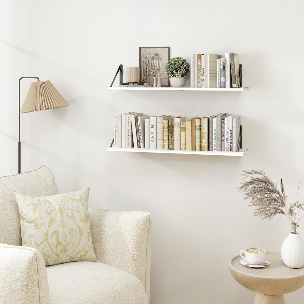 Heimlove White Deep Floating Shelves for Wall, 32W x 8D Wood Wall Shelves Set of 2, Wide Floating Bookshelf for Living Room, Kitchen, Office, Bedroom and Decor Storage, with Black Bracket - White