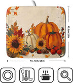Happy Thanksgiving Day Harvest Dish Drying Mat for Kitchen Counter,Sunflower Maple Leaves Pumpkin Drying Mat 16 x 18 Inch with Absorbent Reversible Microfiber Dish Drying Pad for Coffee Bar