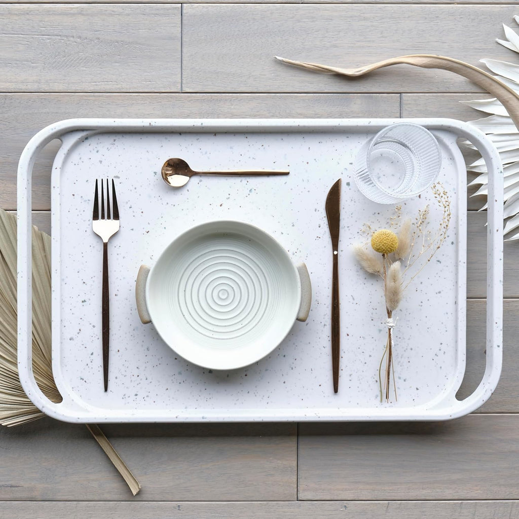 LINE+ARC Waterproof, Easy-to-Clean, 18"x12" Serving Tray Extra Large Handles (Bone) 100% Food-Grade Melamine for Breakfast, Dinner, Bed, Tea, Crafts, Decorative, TV, Couch, Outdoor, Patio