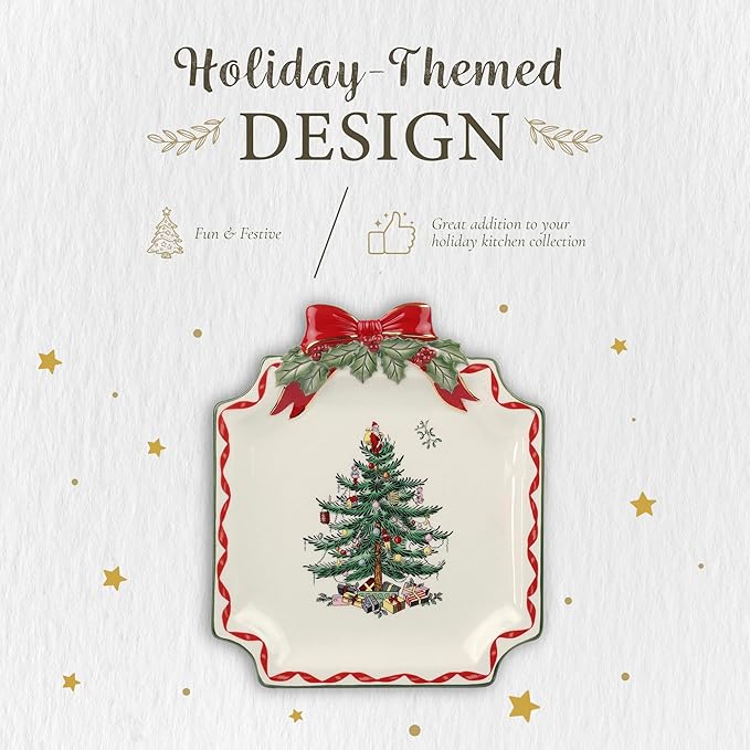 Spode Christmas Tree Ribbons Canape Platter - 6.5-Inch Holiday Serving Plate for Desserts, Appetizers, and Treats - Festive Earthenware Christmas Dinnerware with Gold Accents - Dishwasher Safe