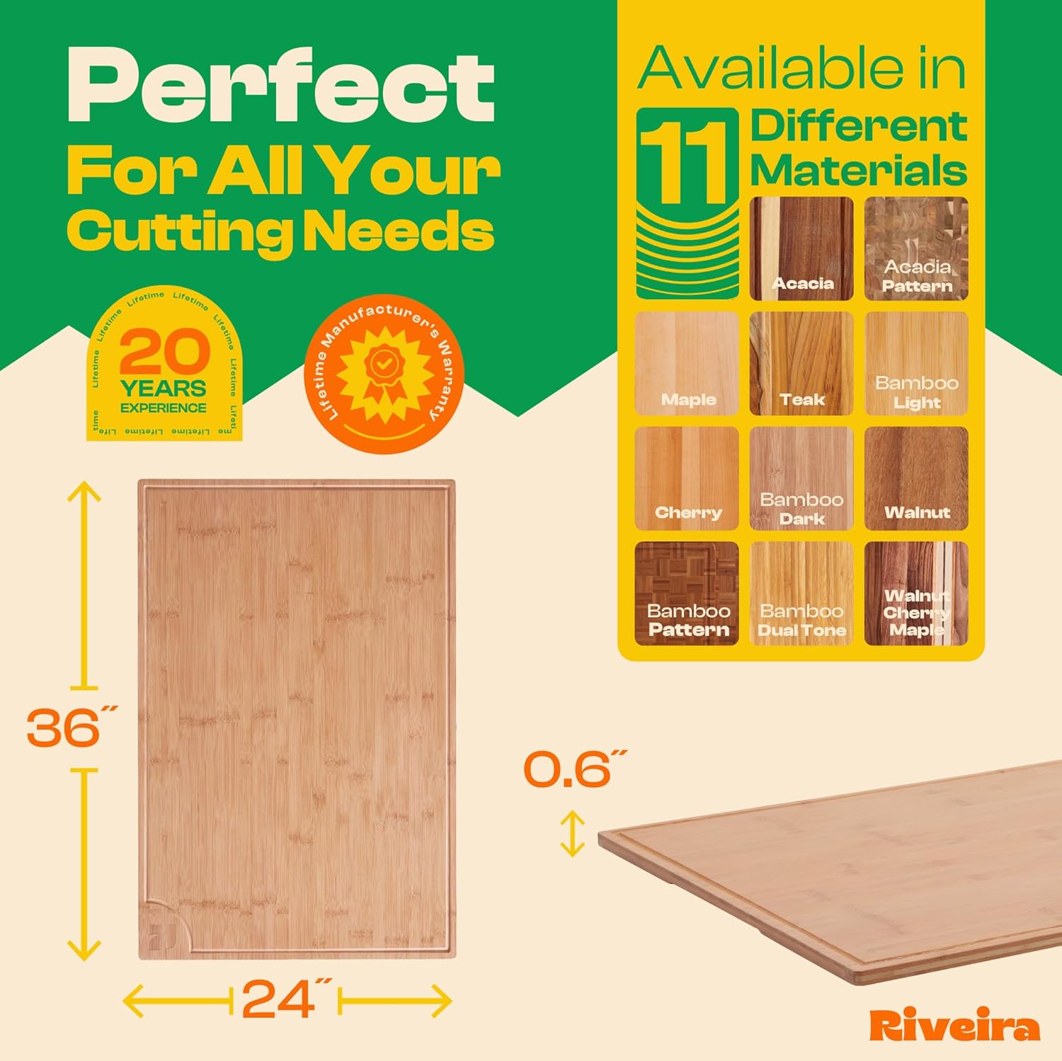 Riveira Brown Bamboo Wood Cutting Board – Gourmet Bamboo Grandeur: 36 x 24 Wooden Cutting Board – Wooden Cutting Boards For Kitchen Decorative – Innovative Juice Grooves Wooden Chopping Board