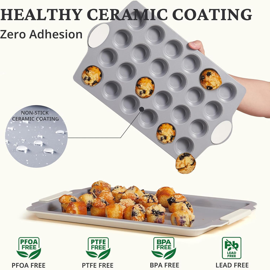 BRONYPRO Ceramic Mini Muffin Pan, 24-Cup Nonstick Aluminized Steel Mini Cupcake Pans, Healthy Non-Toxic Ceramic Coating Muffin Tin, 2 Pack Cup Cake Pans for Baking Cream