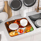 Fall Gnome Dish Drying Mat for Kitchen Counter,Autumn Pumpkin Maple Leaves Drying Mat 16 x 18 Inch Microfiber Dark Brown Wood Dish Drying Pad Dish Rack Drainer Mat Thanksgiving Day Decor