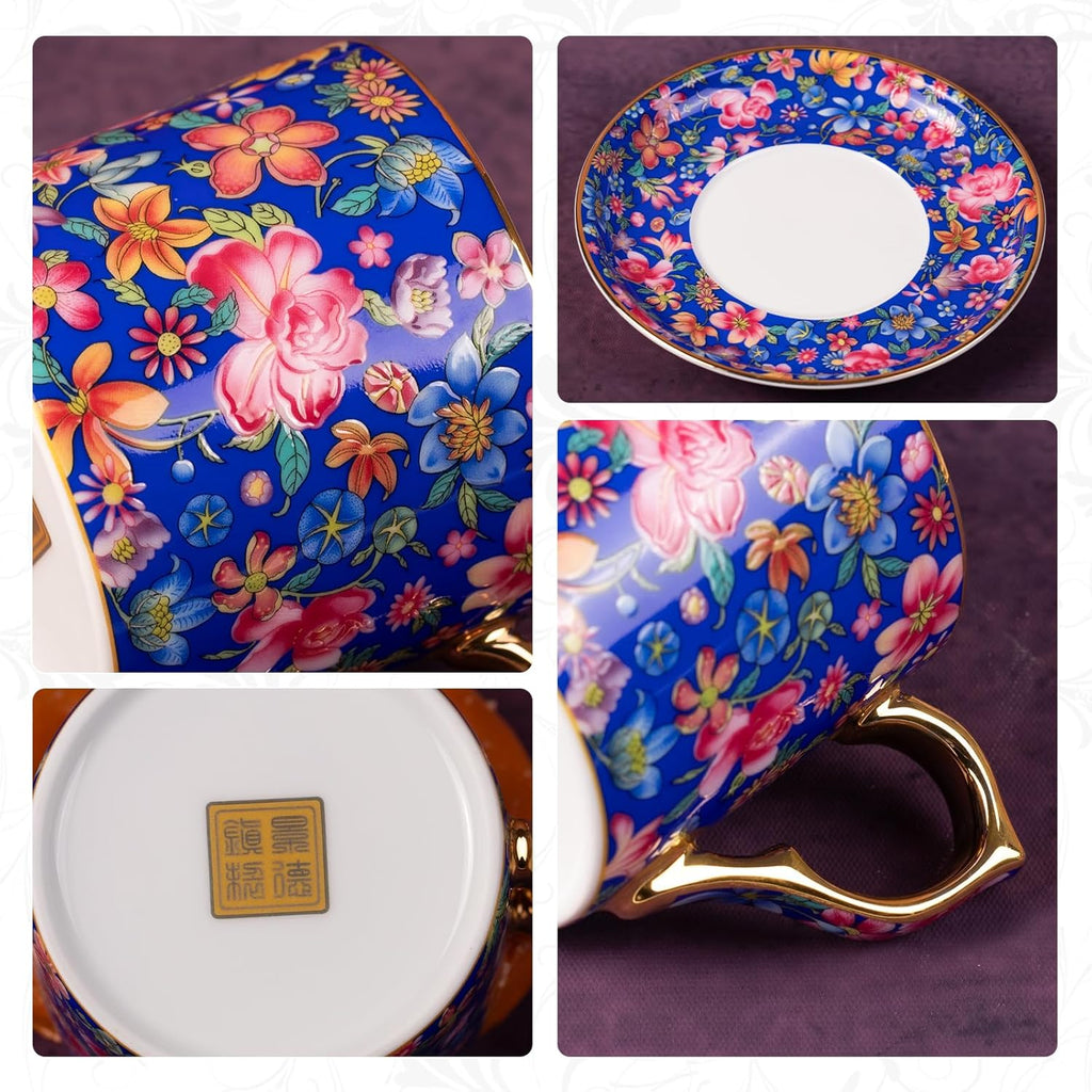 KAMMAK Tea Cups and Saucers Set of 2, Ceramic Coffee Cup with Saucer for Espresso, Cappuccino, 7oz Vintage Yellow and Blue Floral Porcelain Demitasse Mug for Home, Tea Party, Office