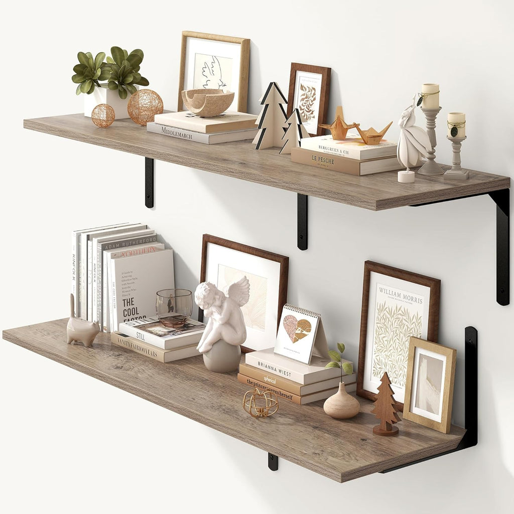 Fun Memories Floating Shelves for Wall, 12 Inch Deep Floating Shelves Set of 2, Wall Mounted Shelf with Metal Brackets, Rustic Wood Wide Shelf for Bathroom, Kitchen and Living Room, Grey, 48W x 12D