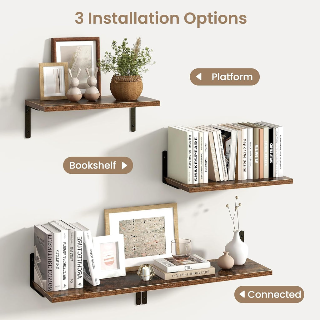Fun Memories Deep Floating Shelves, 16W x 8D Floating Shelves Set of 2, Wall Mounted Shelf with Metal Brackets, Rustic Wood Wall Shelf for Bathroom, Kitchen and Living Room, Rustic Brown