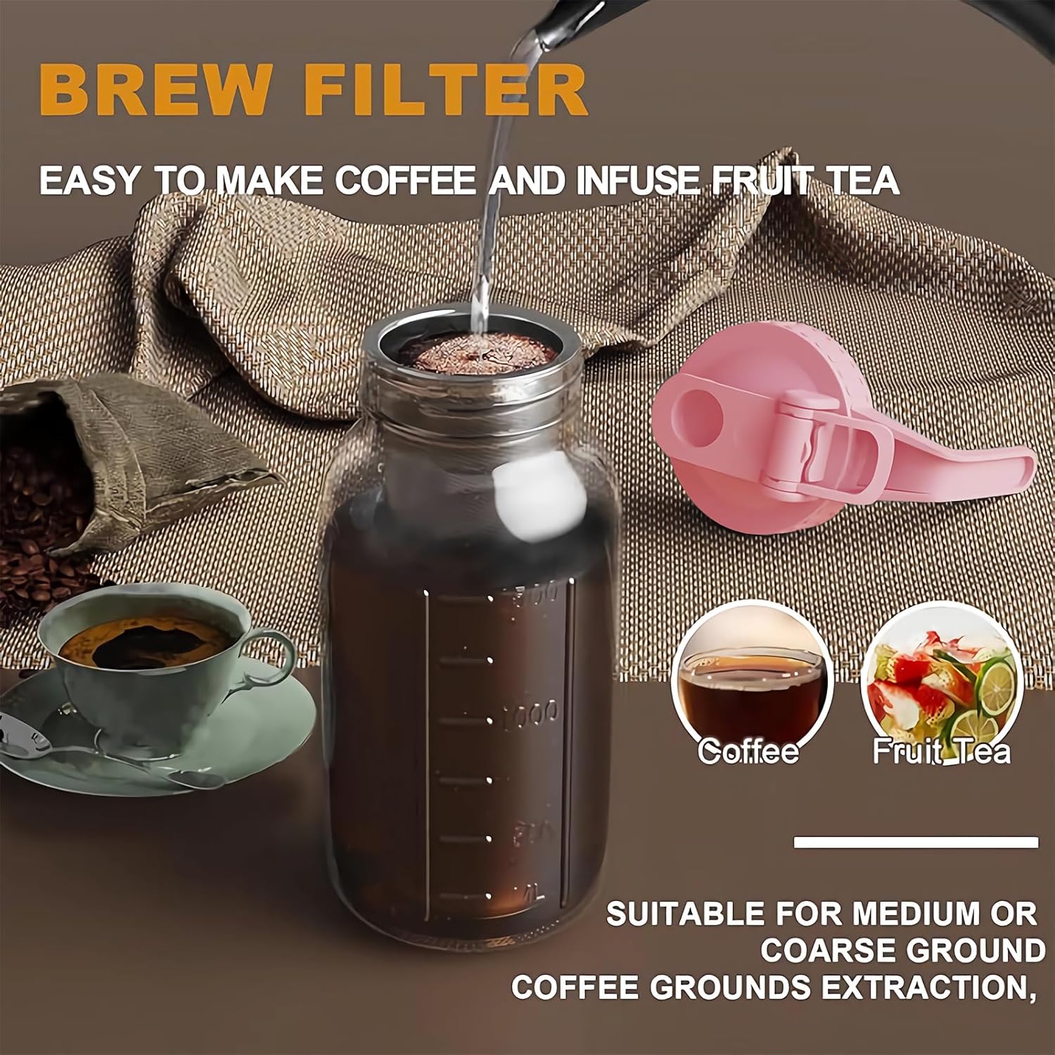 Cold Brew Coffee Maker Jar - 64oz Thick Glass Multipurpose Mason Pitcher Spout Lid with Handle & Stainless Steel Filter for Iced Coffee, Lemonade, Ice Tea, Homemade Fruit Drinks Container