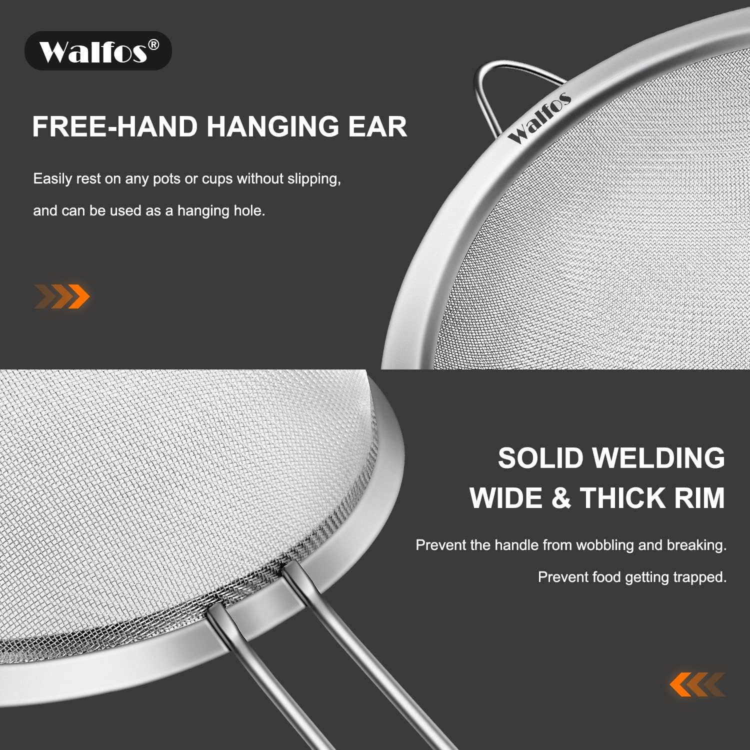 Walfos Large Fine Mesh Strainer 9.5" & 8", Stainless Steel Mesh Sieve with Sturdy Handle, Kitchen Metal Food Strainers for Quinoa, Rice, Pasta, Fruits, Vegetables, etc., Set of 2