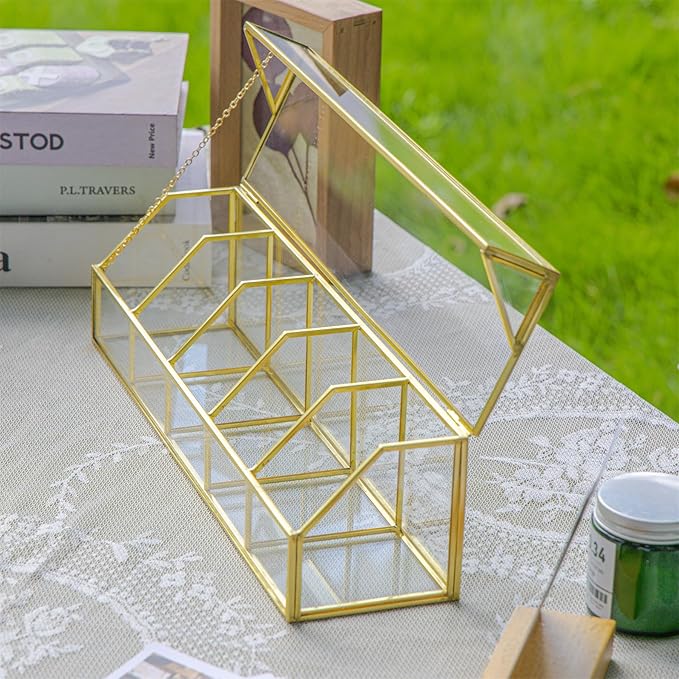 NCYP Glass Tea Bags Organizer with 5 Grids Compartments, Indoor Counter Top Brass Display Case with Lid, Storage Box, Gold, Decor, Teabag Storage, 14.5 x 3.6 x 3.66 Inches (Glass Box Only)