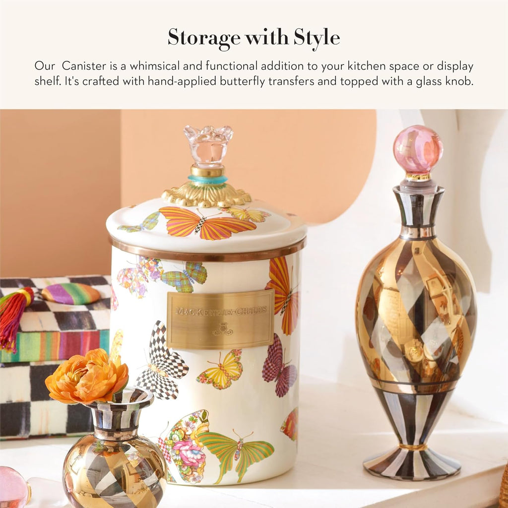 MACKENZIE-CHILDS Butterfly Garden Enamel Canister, Pretty Kitchen Storage Container with Lid, Medium