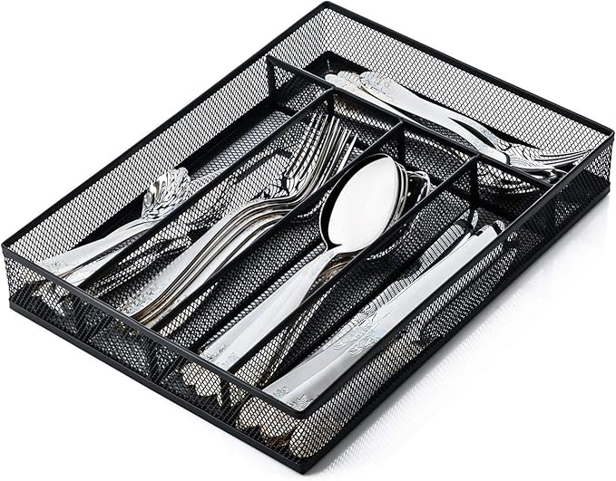 JANE EYRE Utensil Drawer Organizer, Cutlery Tray Silverware Flatware Storage Divider for Kitchen, Mesh Wire with Non-slip Foam Feet, 5 Component, Black