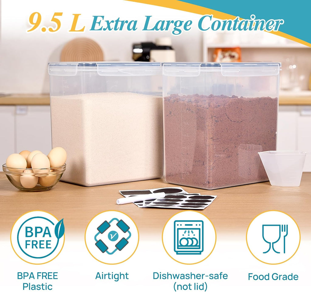 Vtopmart 9.5L 2 Pack Extra Large Flour Sugar Storage Containers for 25lbs flour, Airtight Kitchen Pantry Organization Canisters with Lids for Bulk food, Rice, Baking Supplies, BPA Free, Black