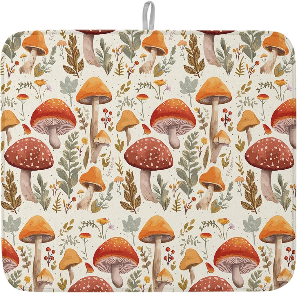 Fall Dish Drying Mat for Kitchen Counter Mushroom Drying Pad Absorbent Drying Mats for Countertops Sinks Draining Racks Autumn Plant Leaves Drainer Holiday Harvest Thanksgiving Decorations 18x24