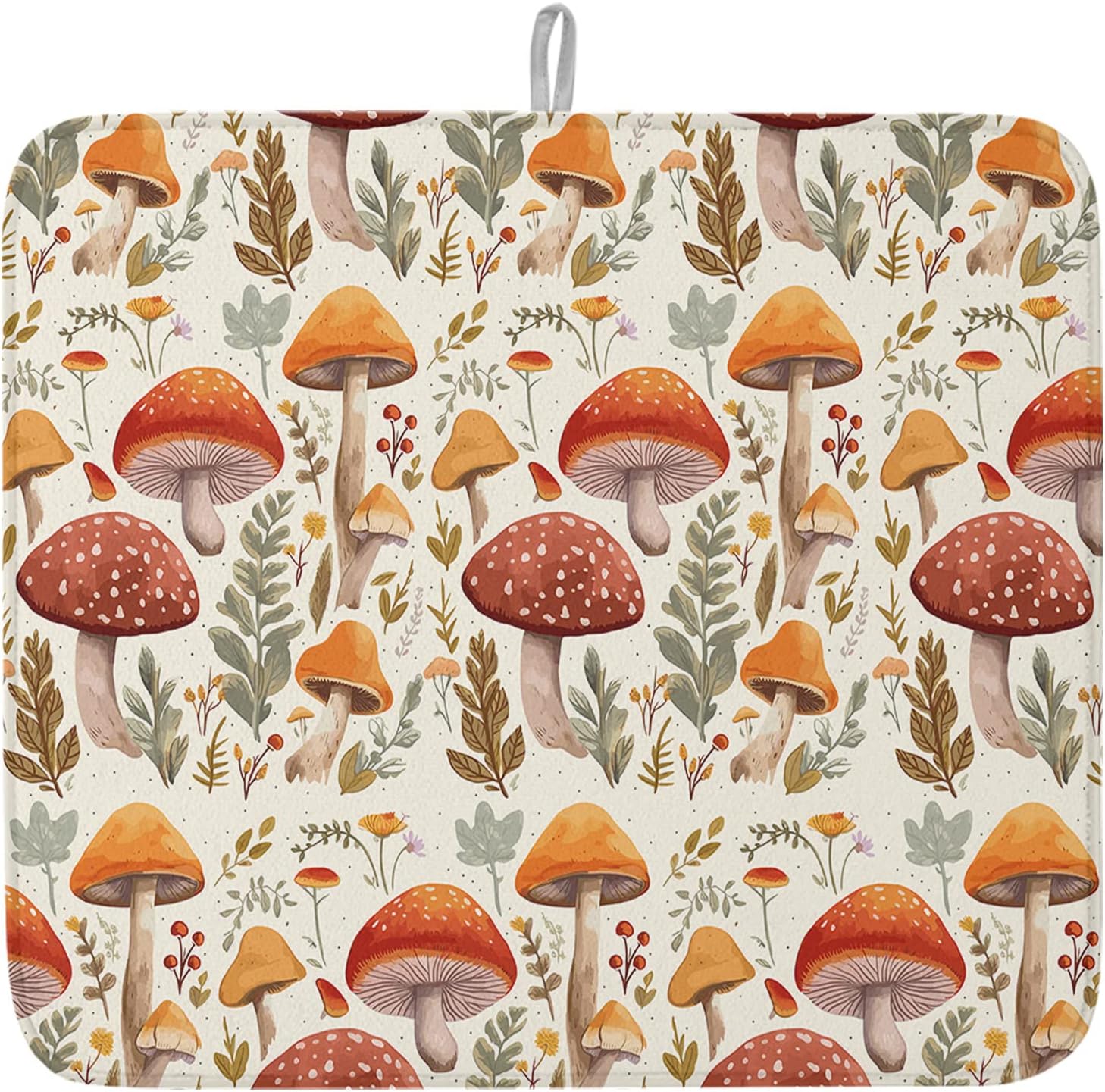 Fall Dish Drying Mat for Kitchen Counter Mushroom Drying Pad Absorbent Drying Mats for Countertops Sinks Draining Racks Autumn Plant Leaves Drainer Holiday Harvest Thanksgiving Decorations 16x18