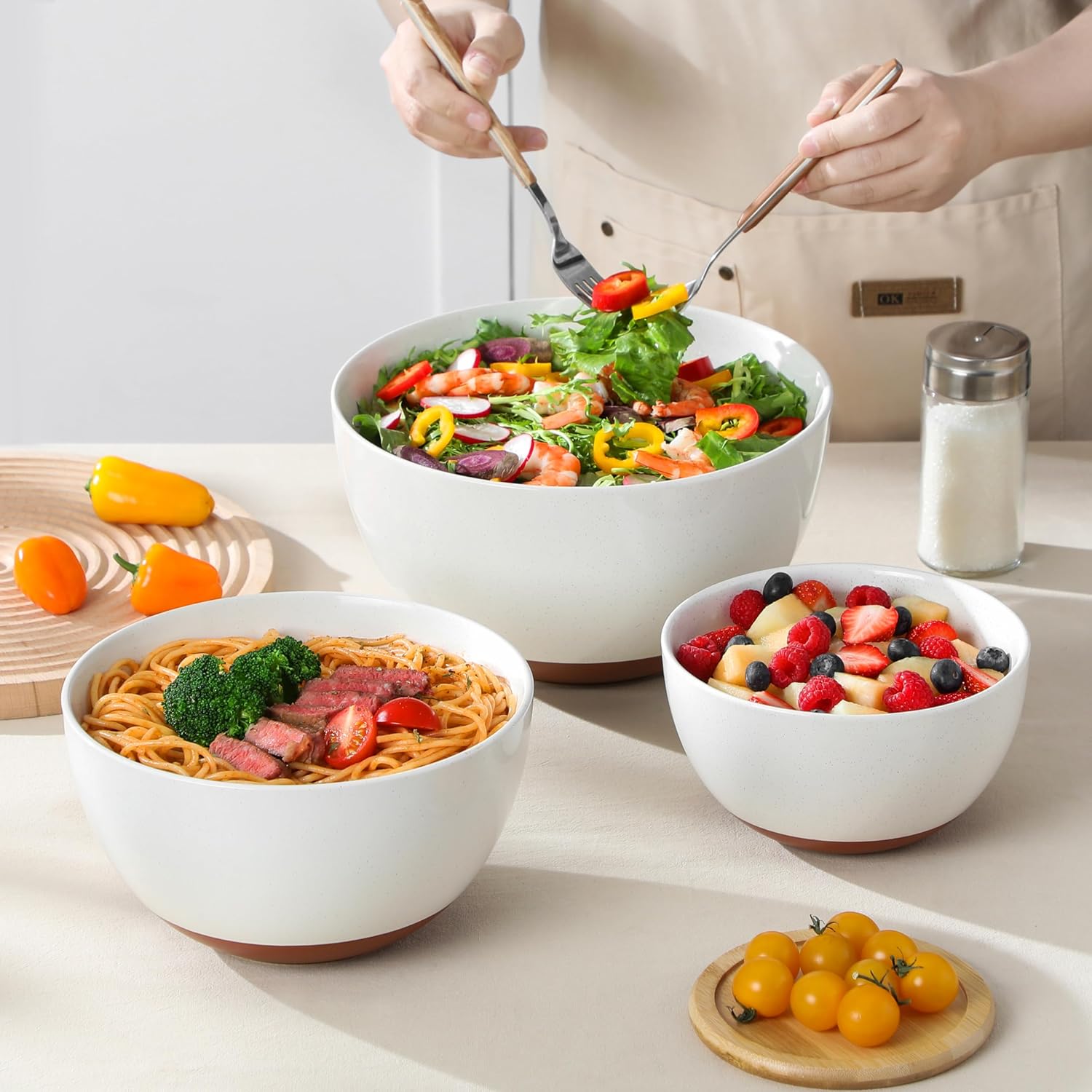MALACASA Ceramic Mixing Bowls, Large Serving Bowls for Mixing, Cooking, Prepping, Baking, Salad, Soup, Pasta, Nesting Bowls Set of 3, 4.38/2.5/1.44 Qt, Oven, Microwave and Dishwasher Safe, Series TARA