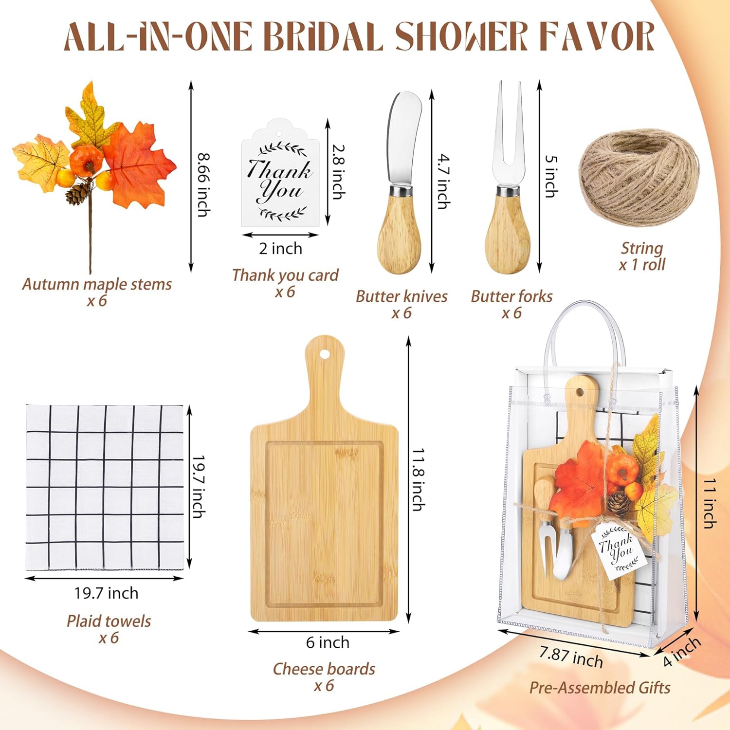 6 Sets Autumn Gifts Bridal Shower Favor 43 Pcs Wooden Square Cheese Board with Knives Forks Kitchen Towels Tags, Pre-Assembled Gifts for Fall Thanksgiving Party Supplies Winner Game Prizes