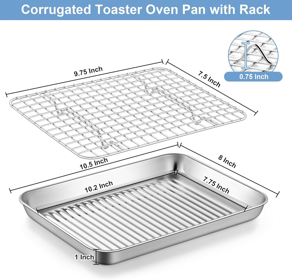 TeamFar 10.5'' Stainless Steel Compact Baking Pan Toaster Oven Tray with Cooling Rack, Corrugated Bottom & Grid Mesh Rack, Non-Toxic & Heavy-Duty