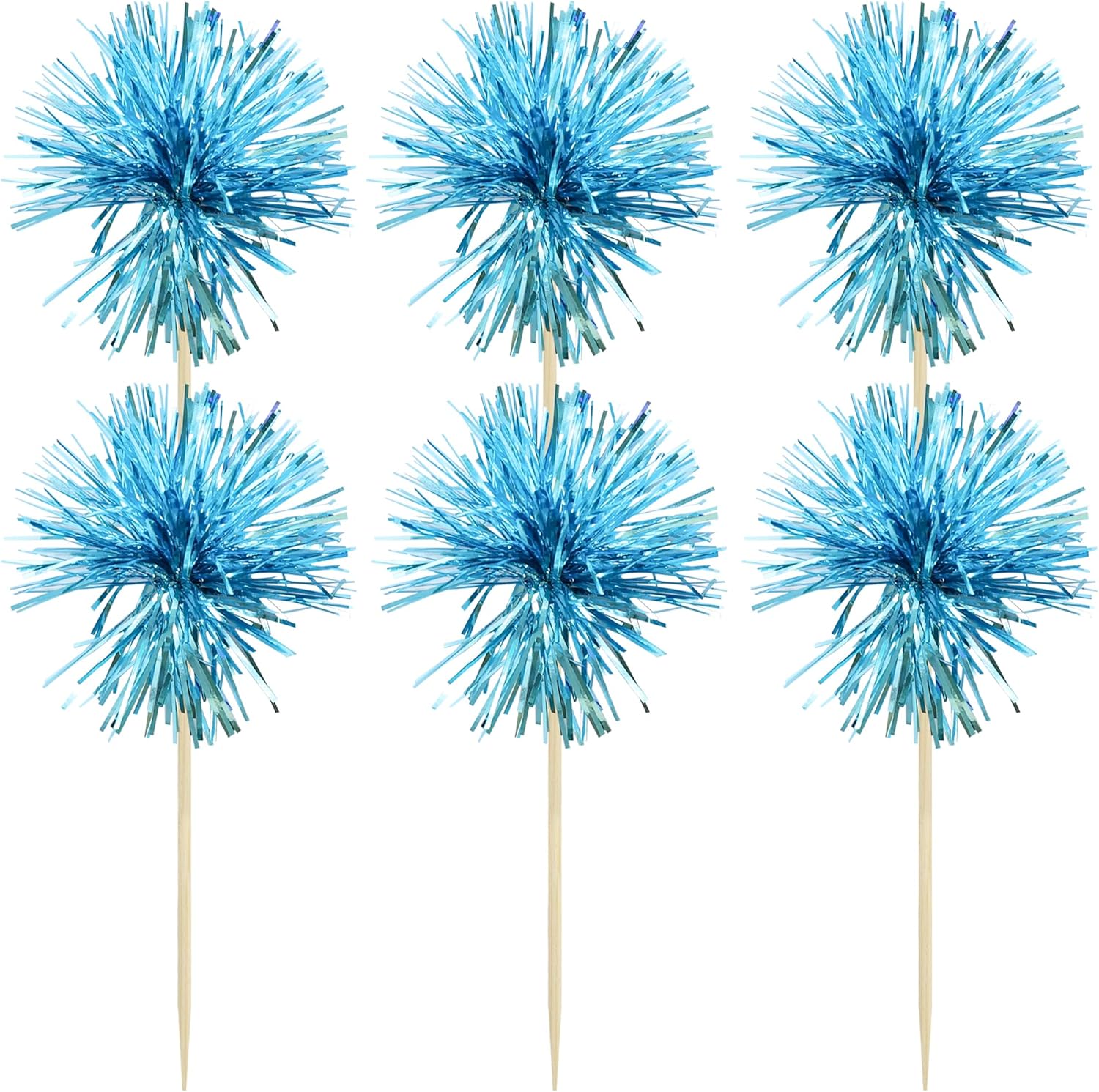 Gyufise 30Pcs Foil Firework Cupcake Toppers Sparkle Tinsel Cake Toppers Tinsel Drink Cake Decoration Cocktail Picks for Birthday Wedding Graduation Party Supplies Lake Blue